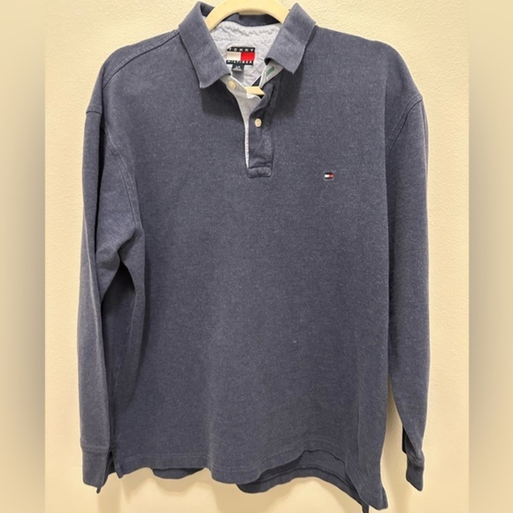 Tommy Hilfiger Long Sleeve Polo Shirt Navy Blue Size Large Pre Owned collared